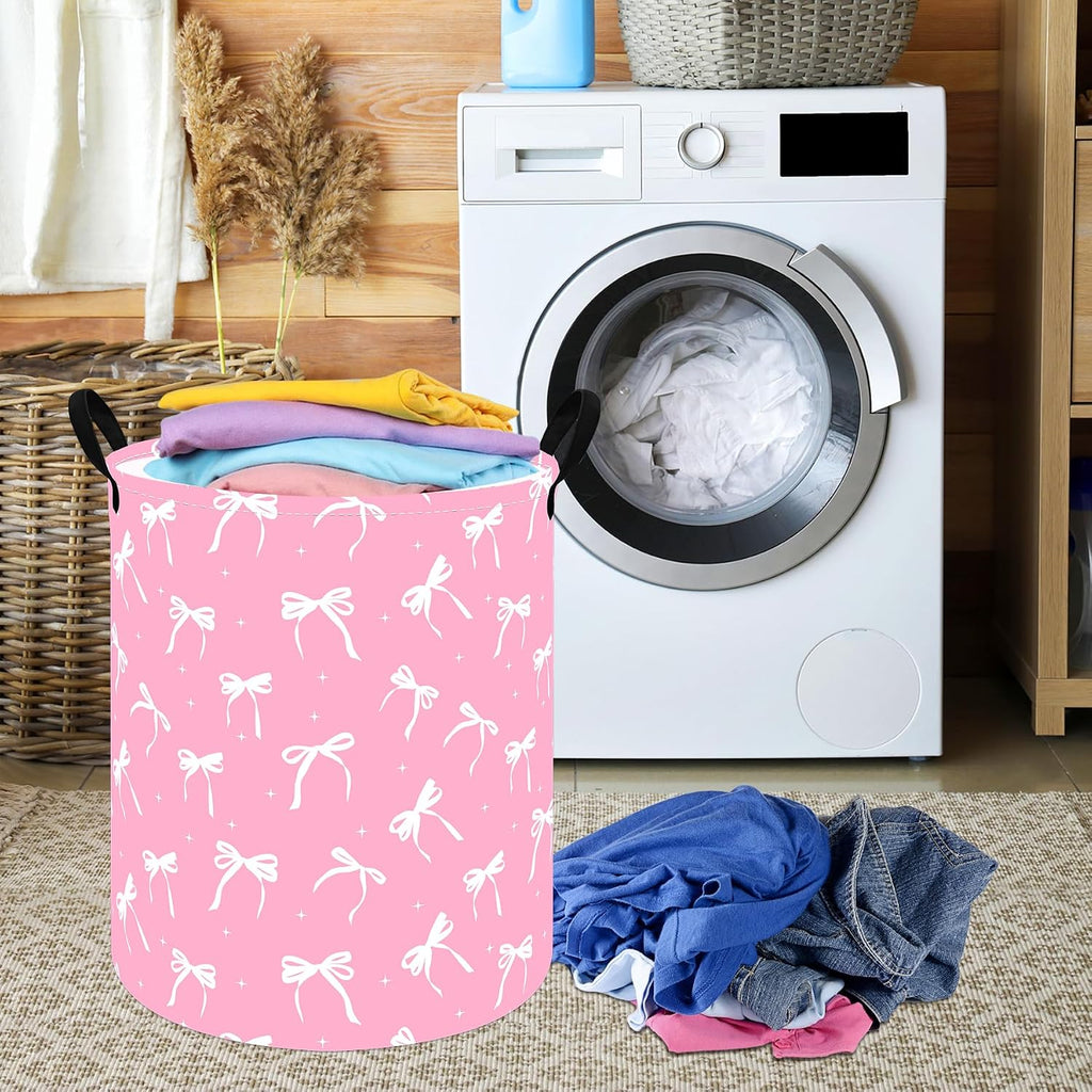 Pink Bow Cute Laundry Basket, Round Laundry Hamper with Handles, Foldable Cotton Linen Storage Bin for Girls Bedroom, Dorm Room, Nursery, Closet, Clothes and Toys