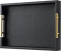 Black Rectangle Serving Tray with Gold Handles for Party,Large Wood Decorative Tray for Ottoman,Faux Leather Coffee Table Tray Decor