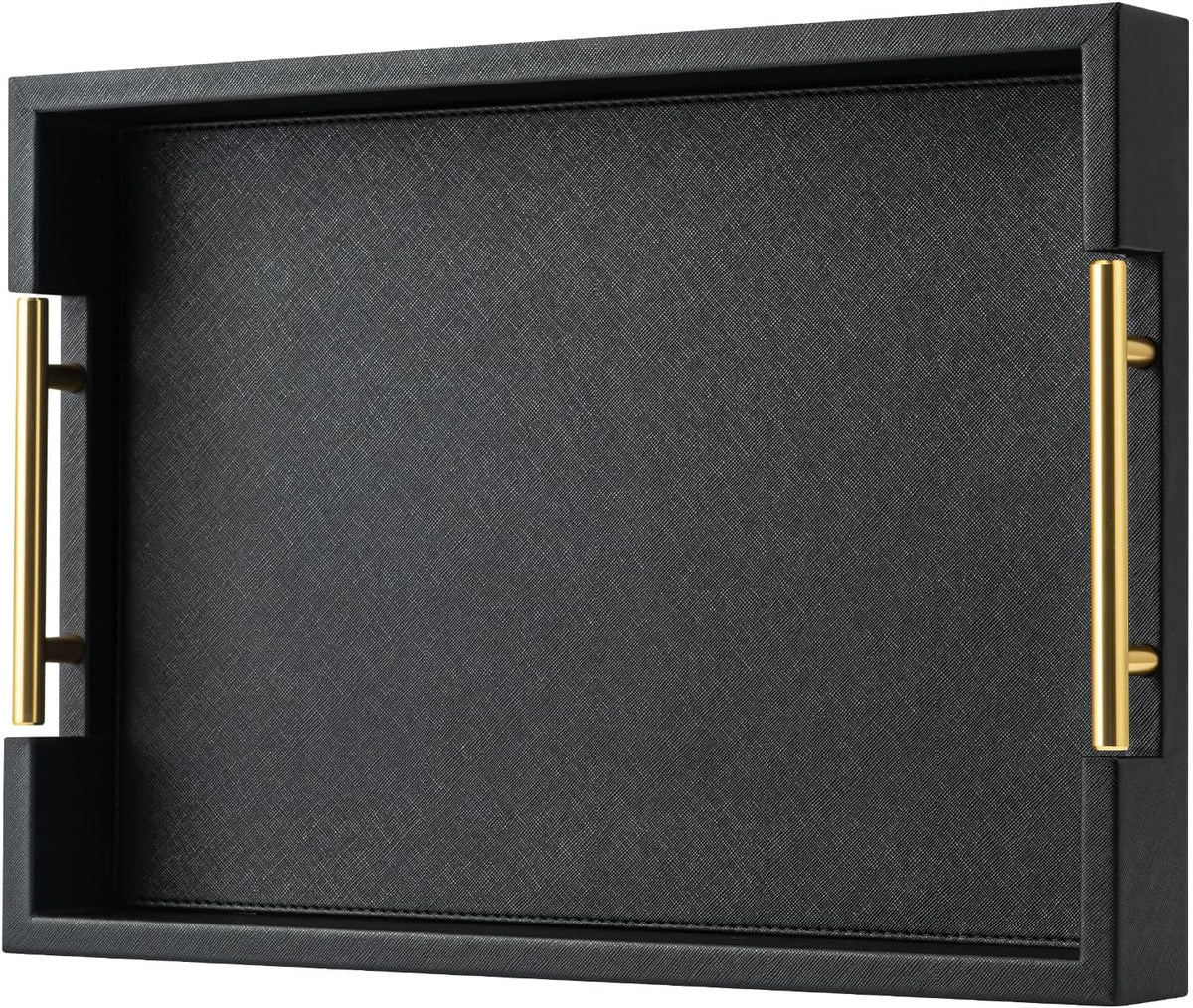 Black Rectangle Serving Tray with Gold Handles for Party,Large Wood Decorative Tray for Ottoman,Faux Leather Coffee Table Tray Decor