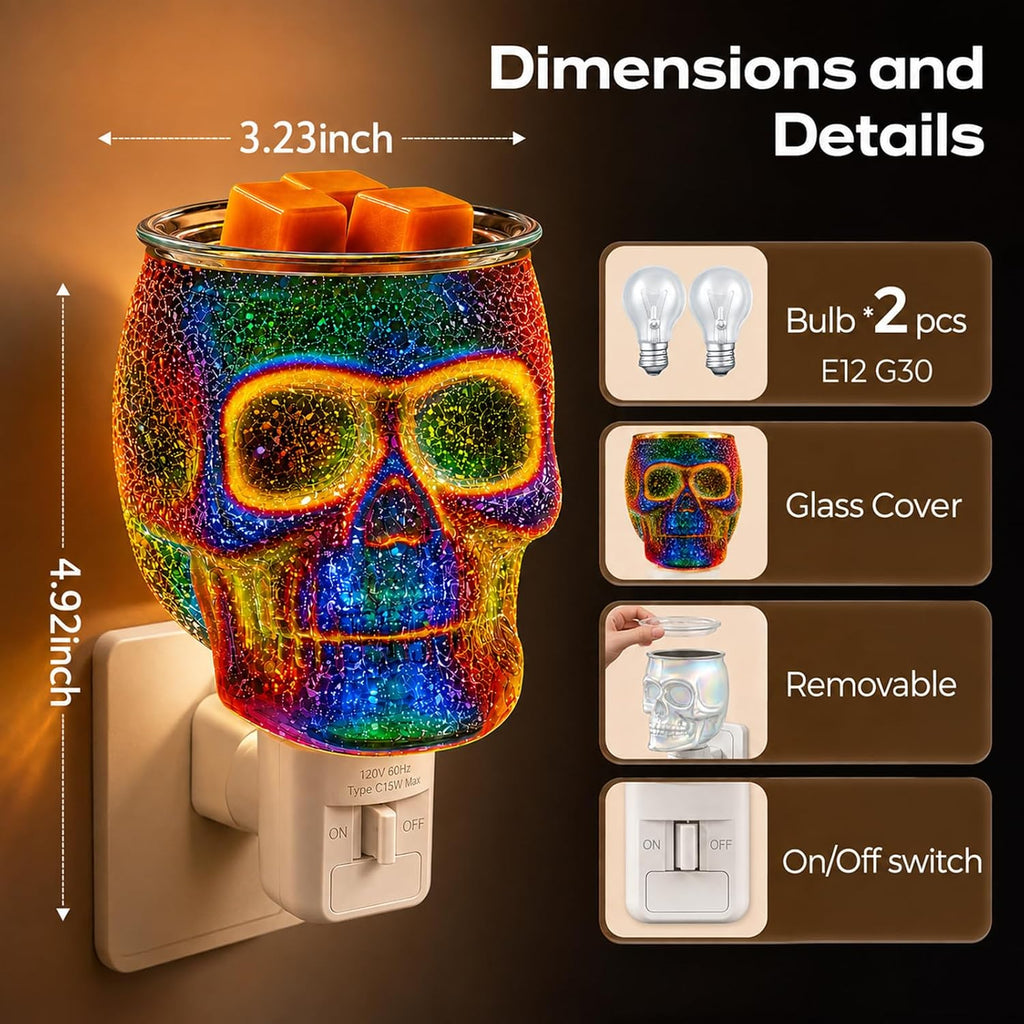 Wax Melt Warmer, Plug in Skull Wax Warmer for Scented Wax & Fragrance Oil, 3D Glass Wax Melter with Spare Bulb, Scentsy Night Light for Home Decor & Gift
