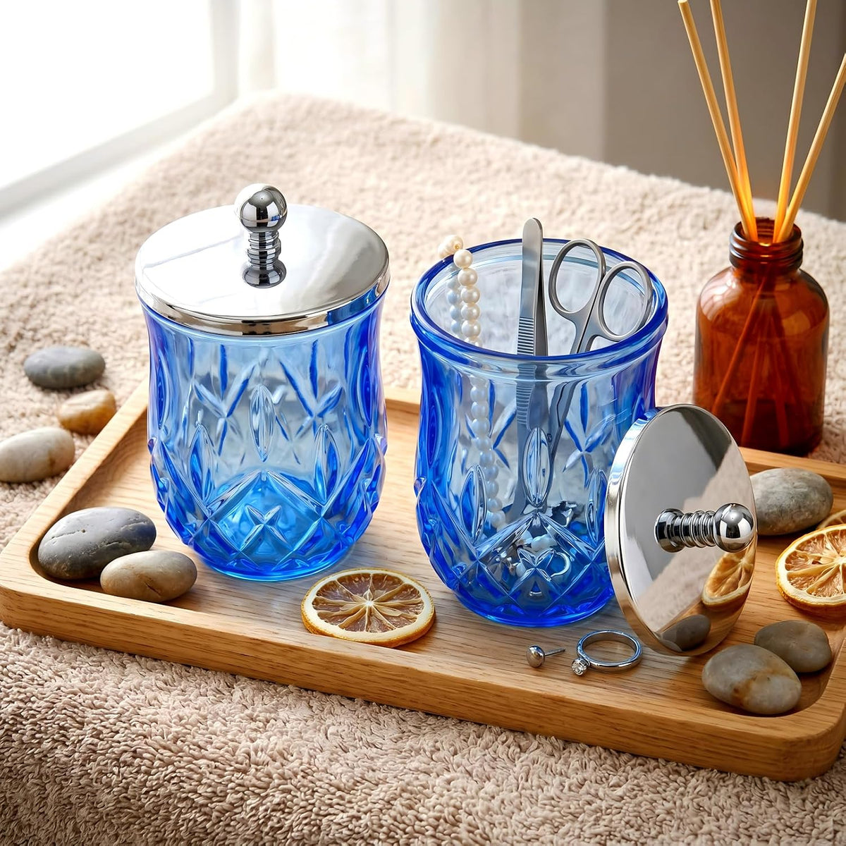 2 Pack 10Oz Blue Q-Tip Holder, Round Thick Glass