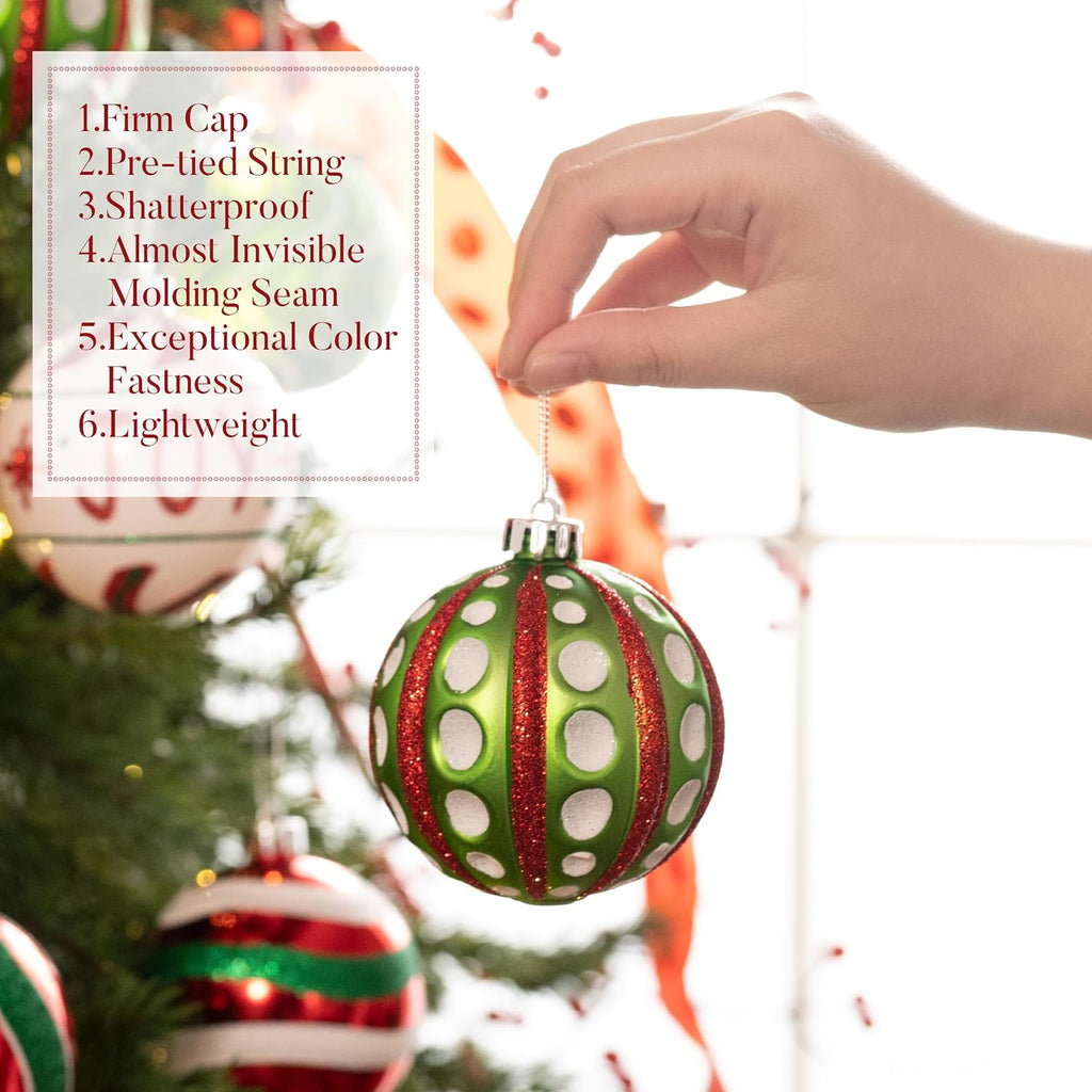 Valery Madelyn Christmas Ornaments Set, 16ct Red Green White Shatterproof Christmas Tree Decorations Ball Ornaments Bulk, 3.15 Inch Hanging Ornaments for Xmas Trees Holiday Party Decor