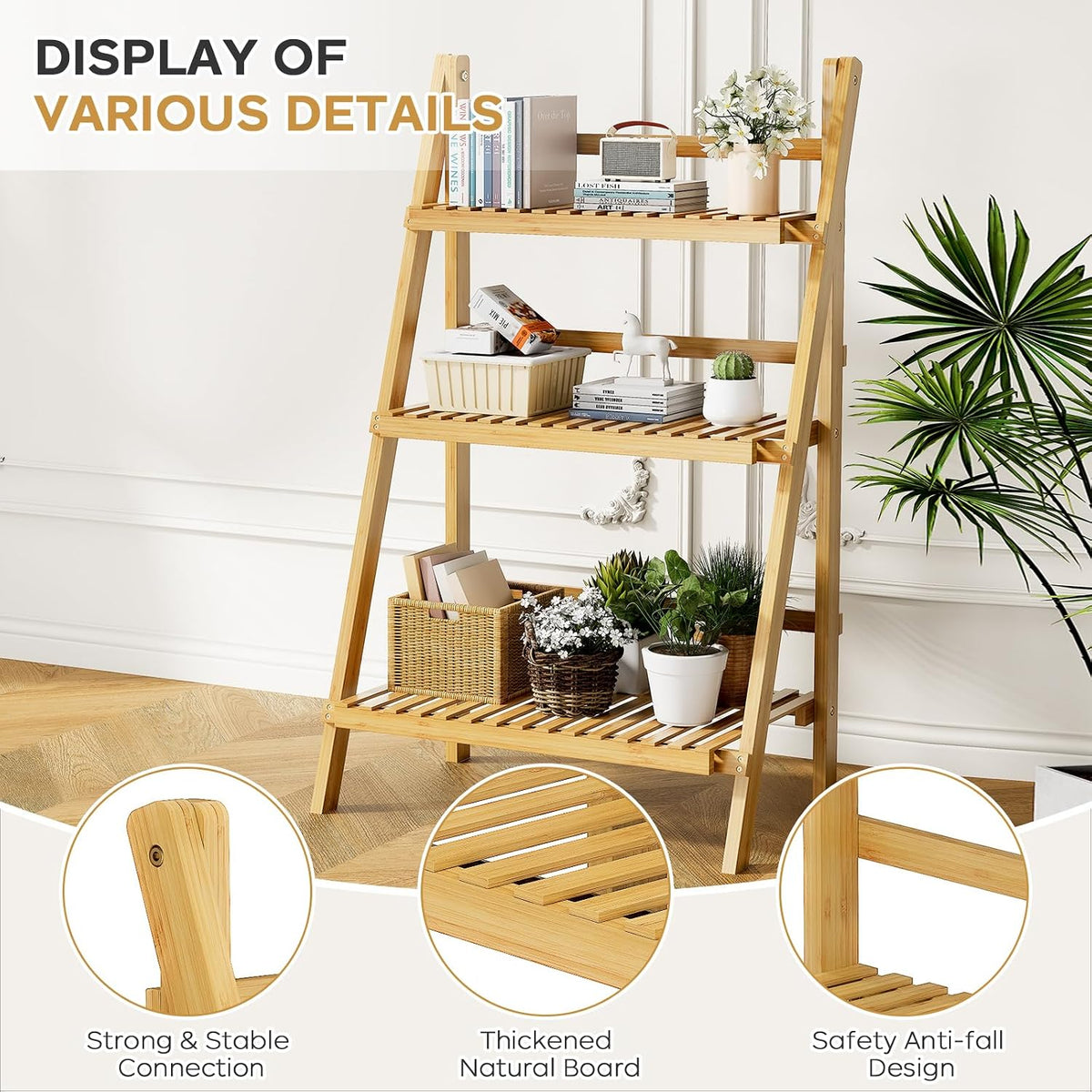 Foldable Ladder Shelf 39.4", Plant Shelf 3 Tier, Bamboo Ladder Bookshelf