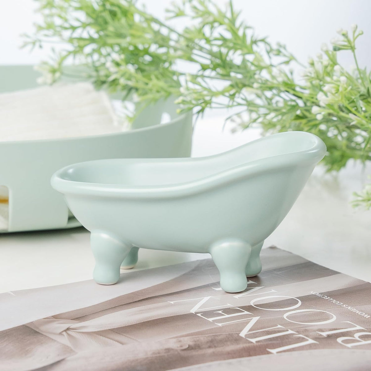 Soap Dish, Ceramic Soap Holder with Drainage for Shower, 1 Pack Bar Soap Tray, Keep Soap Dry & Easy Clean, Sponge Holder for Bathroom, Bathtub Kitchen Sink (Green)