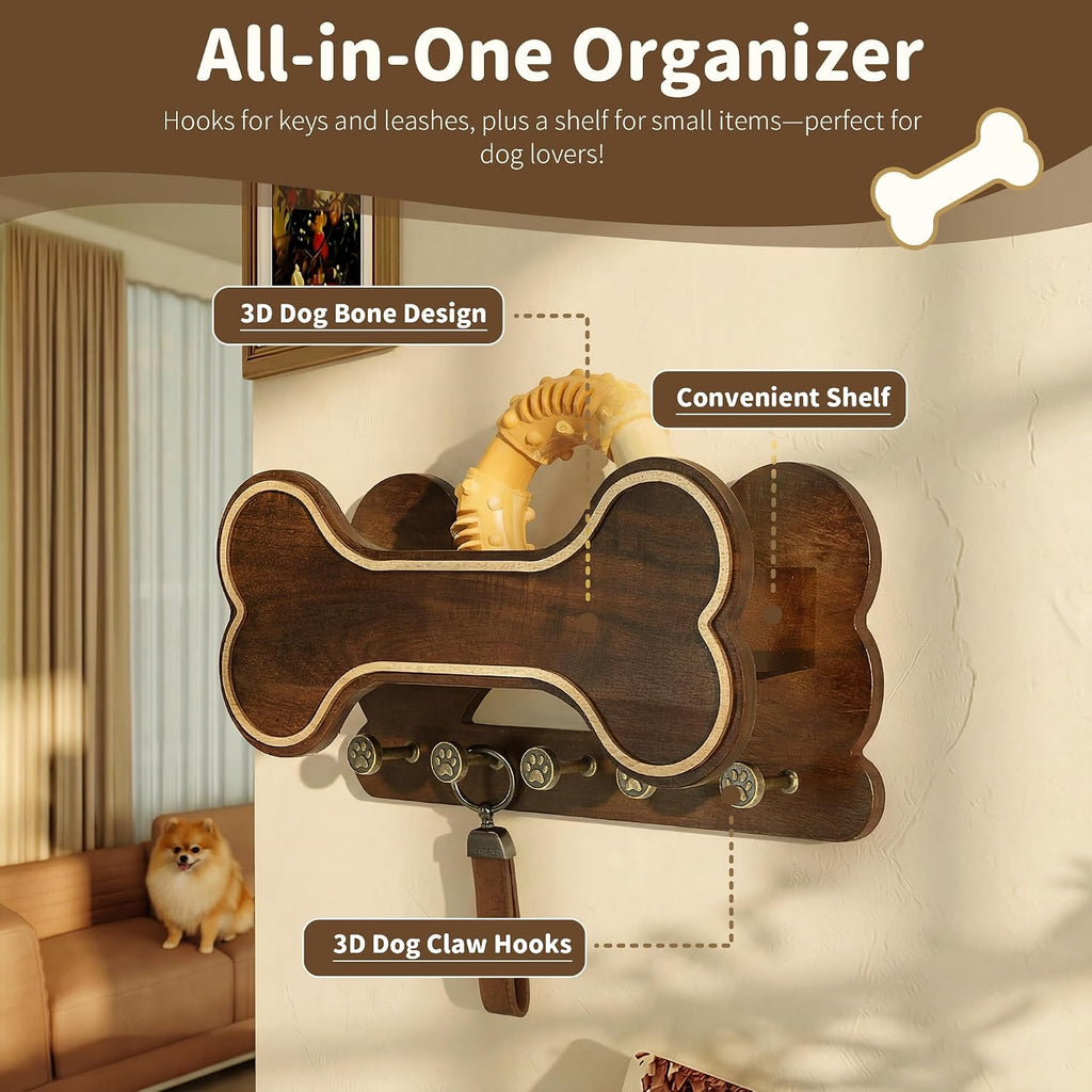 MTERSN Dog Leash Holder Wall Mount for Cute Dog Themed Decor, Dark Brown