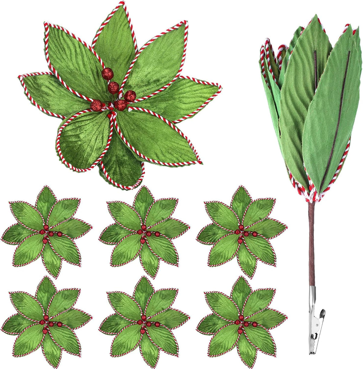Thiccywoov 6 Pcs Green Peppermint Edge Christmas Poinsettia Stem 10.24 x 3.94 Inch Silk Velvet Artificial Fake Poinsettia Flowers Blooms for Christmas Trees and Holiday Decorations