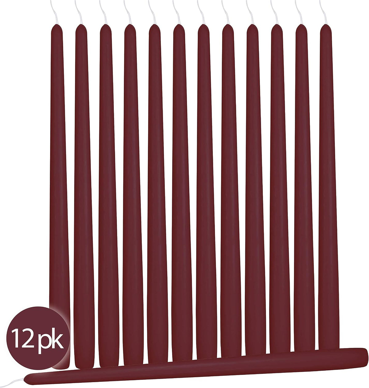 12 Pack Tall Taper Candles - 10 Inch Burgundy Dripless, Unscented Dinner Candle - Paraffin Wax with Cotton Wicks - 8 Hour Burn Time