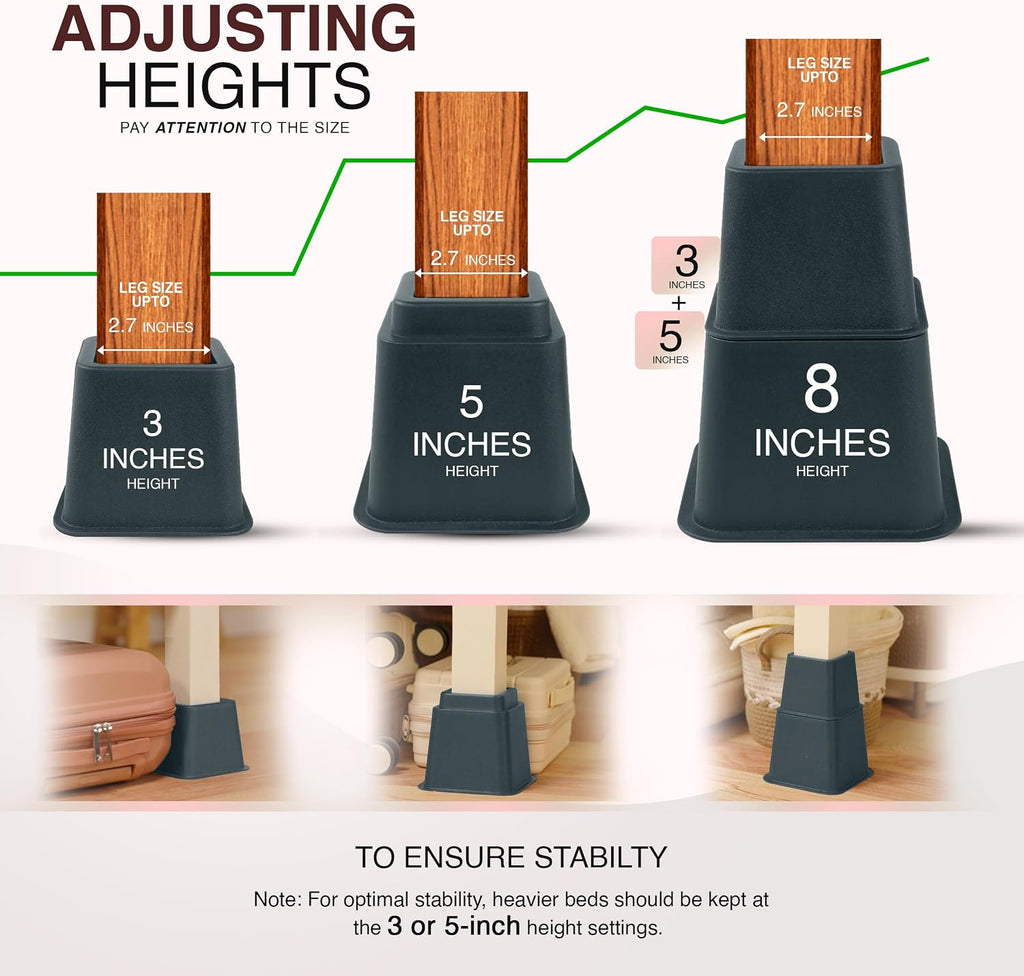 Utopia Bedding Adjustable Bed Risers 3 & 5 Inch, Grey, 4-Pack