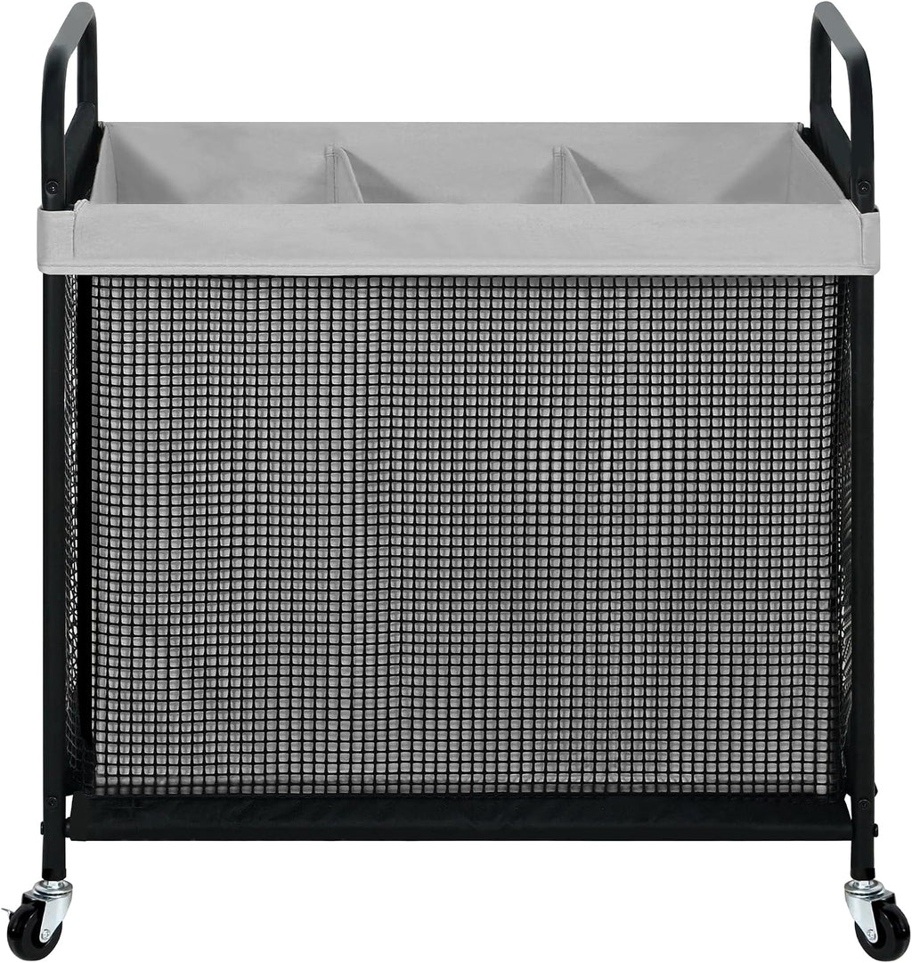 STO STO Laundry Hamper 3 Section, 120L Rolling Laundry Sorter Cart with Removable and Washable Liner Bag, Clothes Hamper with Wheels and Metal Handle for Laundry Room and Bedroom, Gray