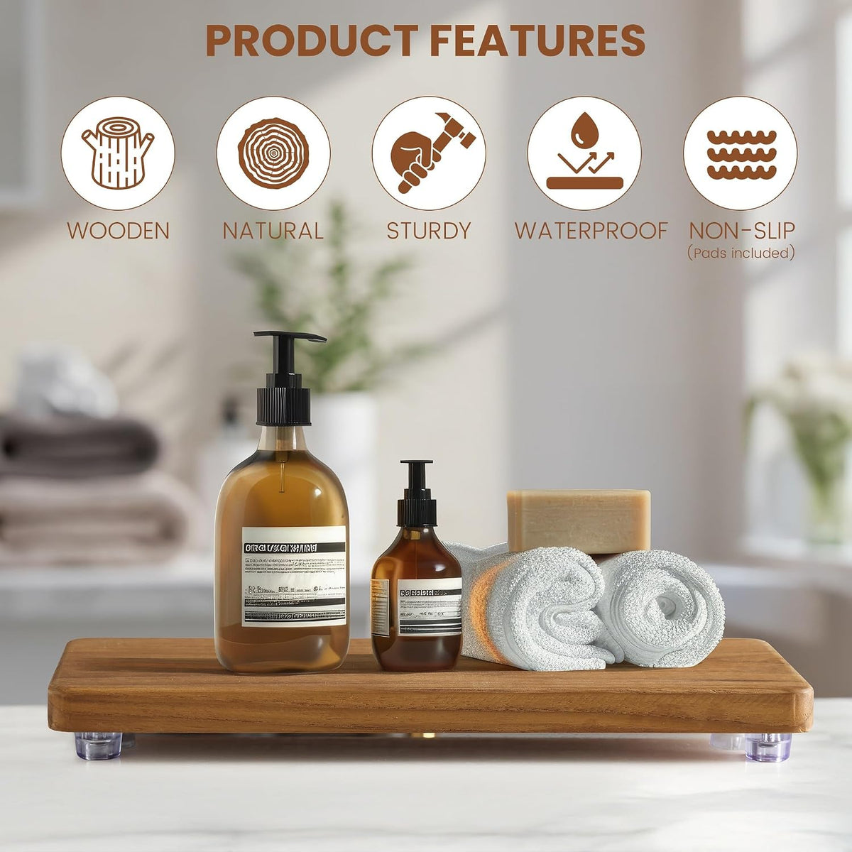 Solid Teak Wood Riser Tray, 12.6x5 inch Whole-Piece Teak Pedestal Stand, Vintage Rustic Bathroom Soap Dish Holder for Vanity Counter Sink, Candle Plant Essential Oil and Yacht Display, Brown L1