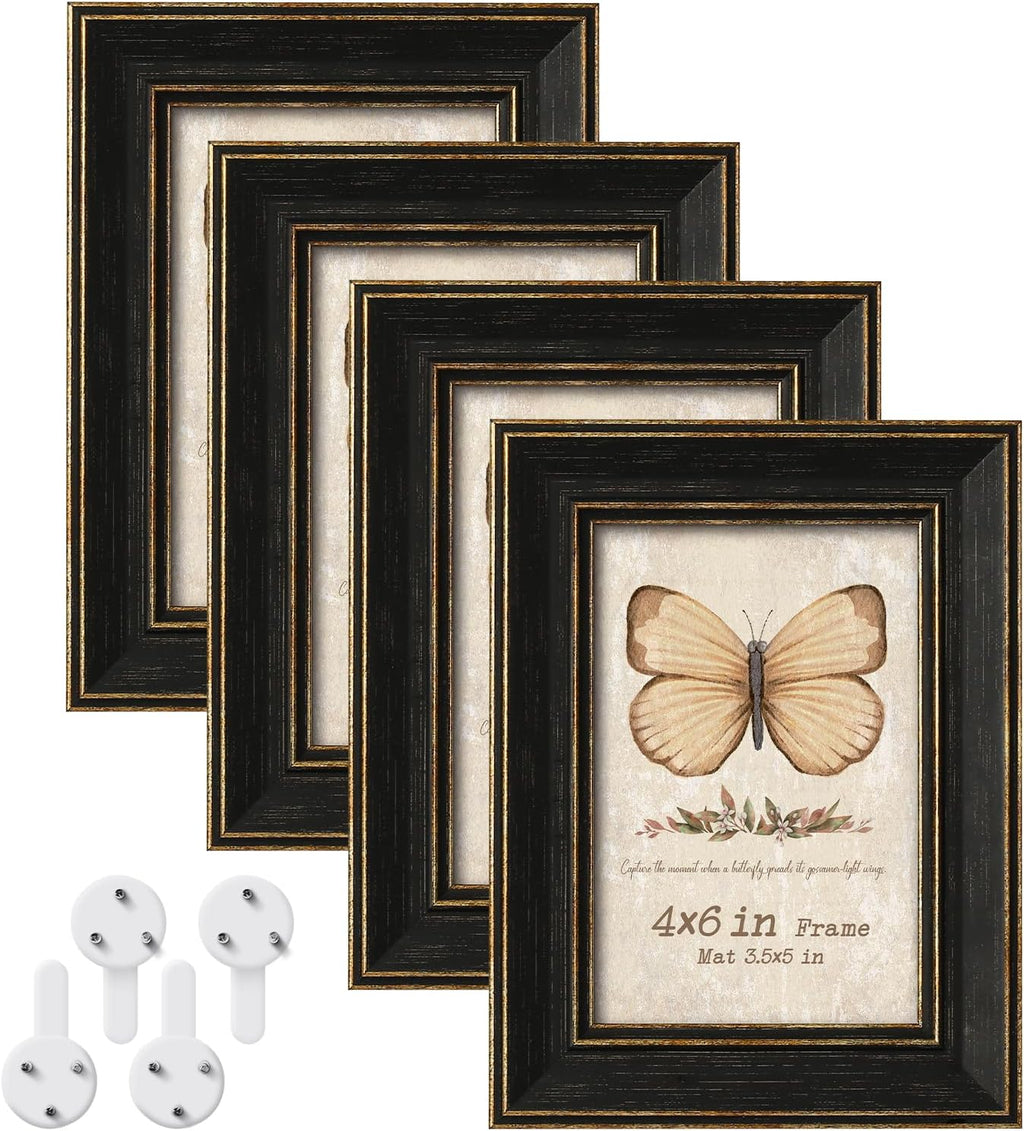 Black 4x6 Picture Frames, 4 Pack, Vintage Rustic Style, Gold Trim