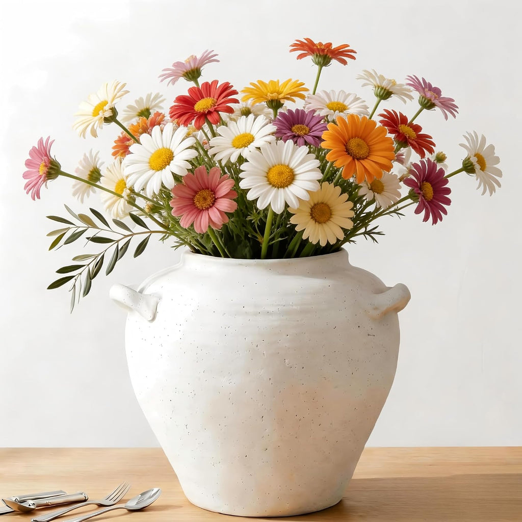 Large White Ceramic Vase 7 inch Rustic Farmhouse Vase with Handles for Home Decor Vintage Decorative Vases for Bookshelf, Table, Mantle Fireplace, Living Room, Bathroom, Wedding
