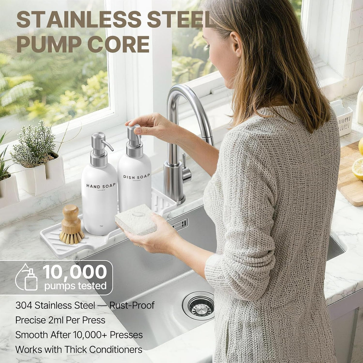 Kitchen Soap Dispenser Set with Self Draining Silicone Tray, Silver