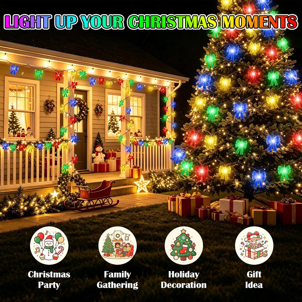 Solar Powered 23FT Christmas Bow 30LED Outdoor String Lights Multicolor