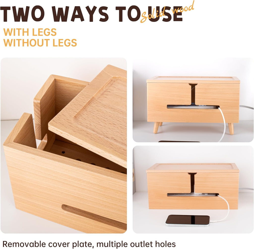 Natural Beechwood Large Cable Management Box for Power Strip & Cord Hider