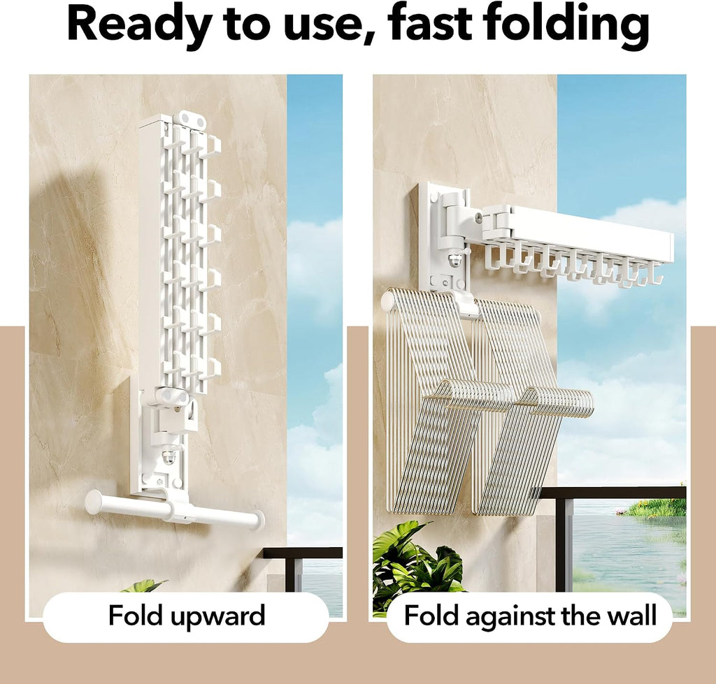 HEILAIYI Wall Mounted Clothes Hanger,Clothes Drying Rack,Laundry Drying Rack,Clothes Rack Wall Mount,Drying Rack Clothing,Retractable,Collapsible,can Fold Upward & Left & Right (Upgrade-White)