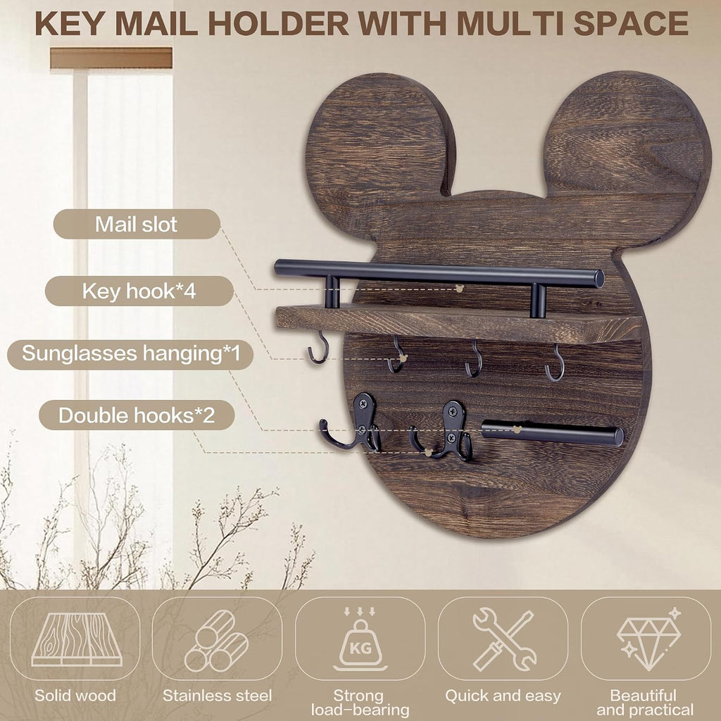 AIRPOP Key Holder for Wall–Mouse Wooden Mail Organizer Wall Mount with Shelf and 6 Hooks, Easy Installation Key Rack Hanger for Entryway Living Room Home Decor (Brown)