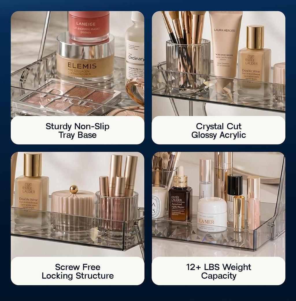 Perfume Organizer for Vanity, Premium Clear Acrylic Makeup Organizer Countertop with Non-Slip Trays, Easy 30-Second Assembly, organizador de maquillaje (Dark Diamond)