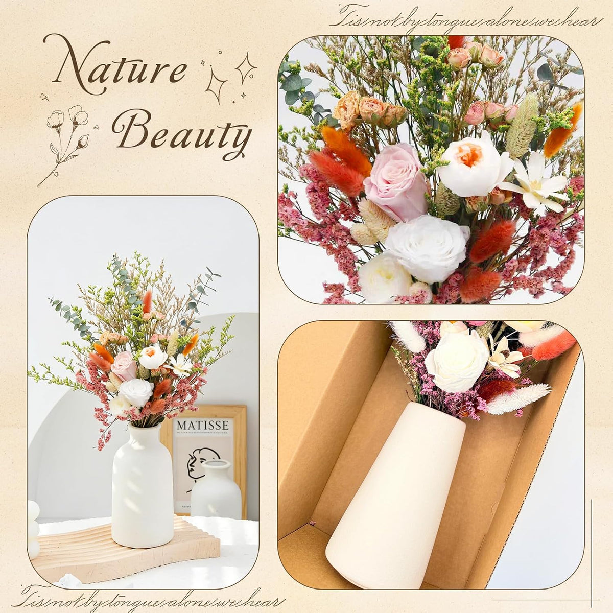 17" Dried Flower Bouquets with Vase Included, 100% Natural Dried Flowers with Forever Pink Roses,Bunny Tails,Eucalyptus Rustic Boho Decor for Home,Party Fall Decor