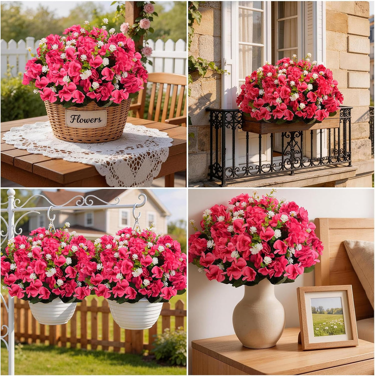 Olatay 12 Bundles Mixed Color Artificial Flowers for Outdoor, Artificial Geraniums Flowers for Outdoor, UV-Resistant Fake Geraniums for Porch, Balcony, Garden, Indoor Decoration (Rose Red)