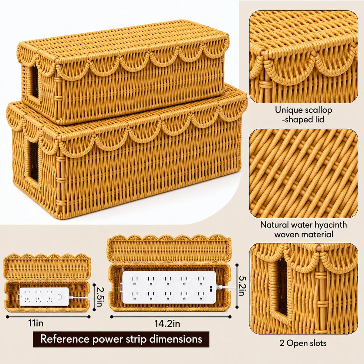 Patelai 2 Pack Scalloped Cable Management Box, Plastic, Natural Color