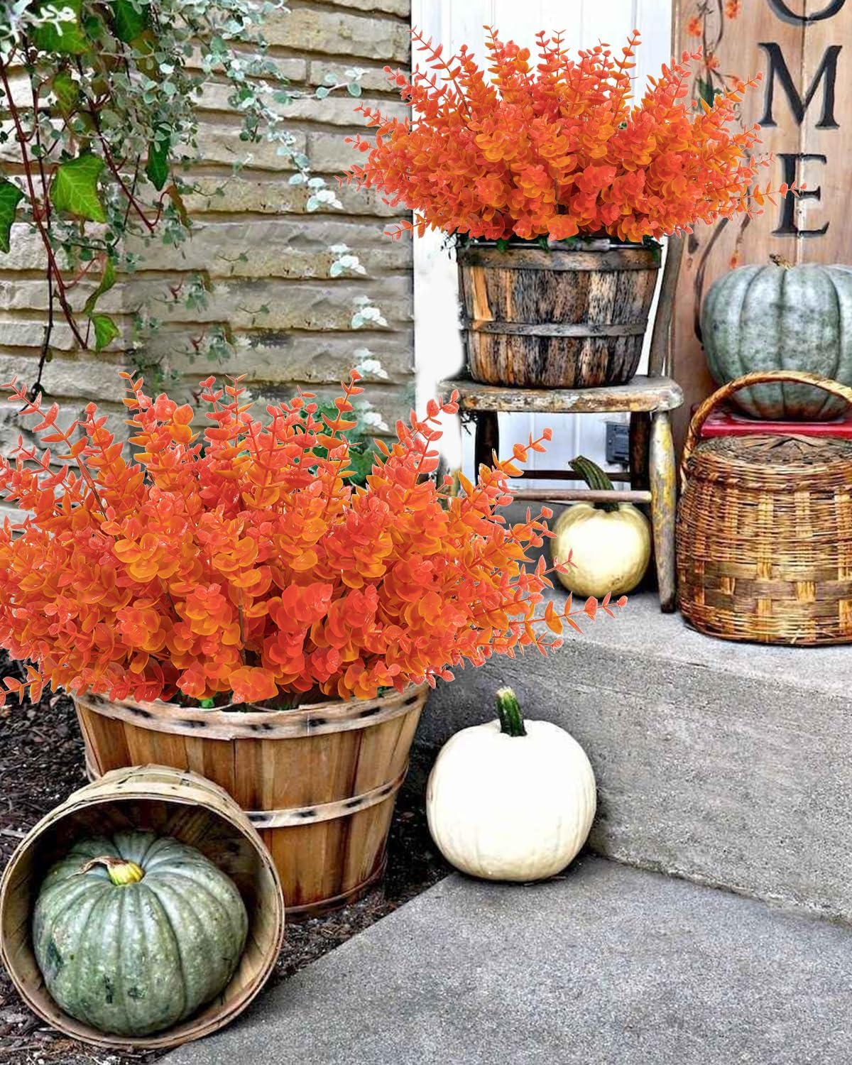 Coferset 8 Bundles Outdoor Fall Faux Eucalyptus Plants,Orange