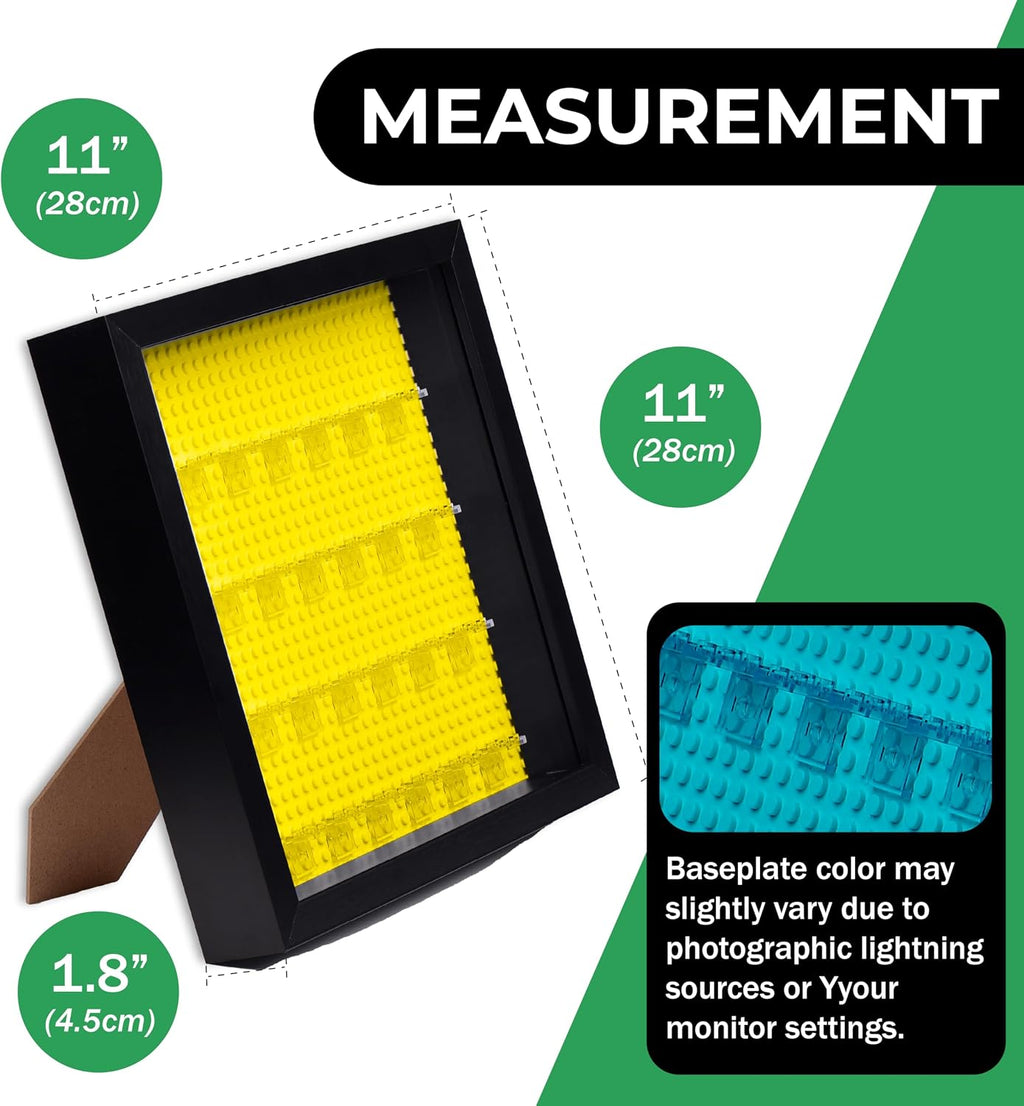 Tapeera Black Wooden Minifigure Display Case - Memorabilia Display Case for Figures - 11 x 11 Inch Shadow Box Frame - For Wall and Table Top With Dust Protection - Holds Up To 28 Figures (Yellow Base)