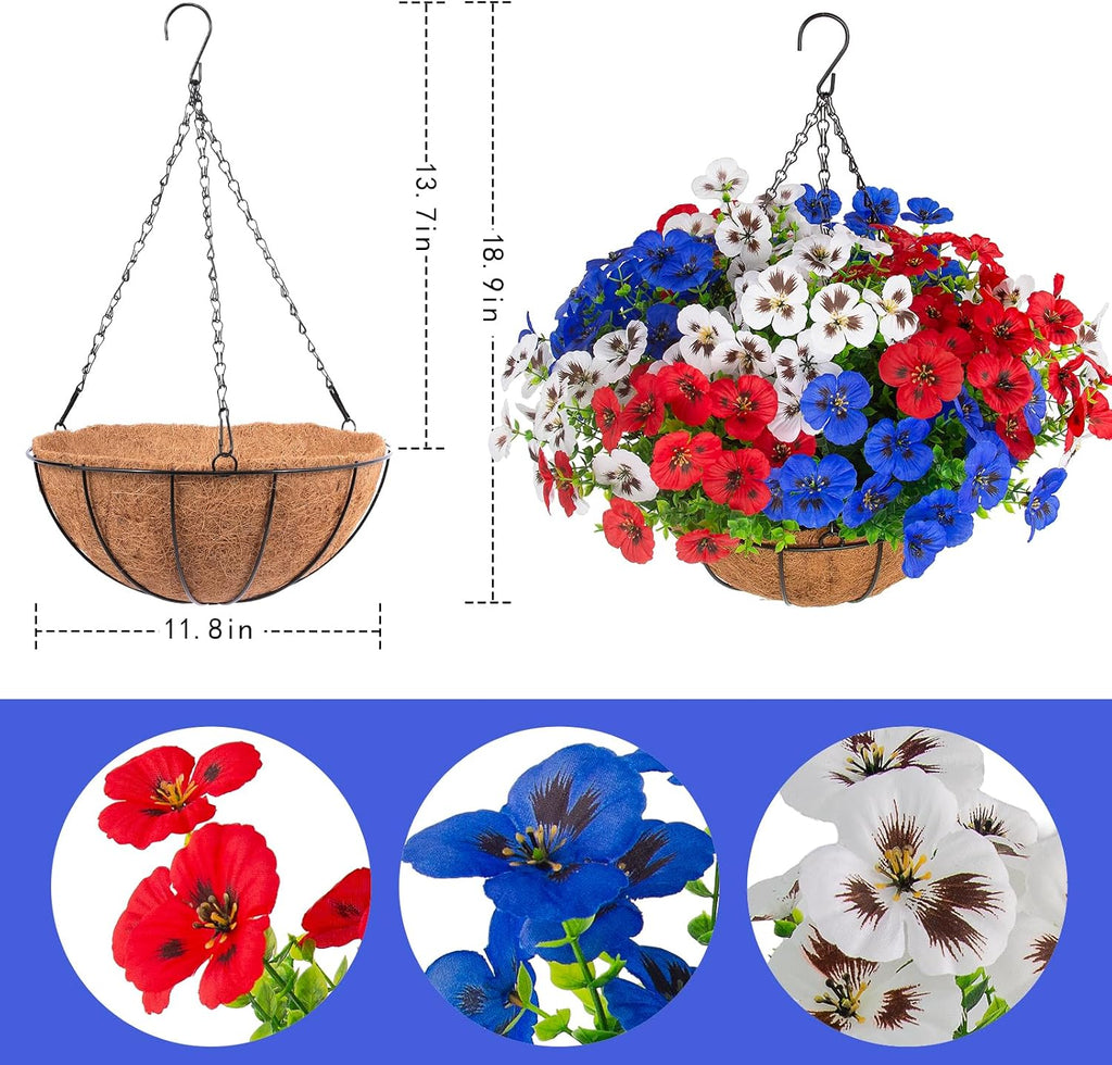 lovemoon 2 Sets Artificial Hanging Pansies Flowers with Baskets, 24 Pcs Faux Patriotic Silk Pansy Outdoor Flower for Porch Patio Garden Home Summer 4th of July Decor (2, RedWhiteBlue)