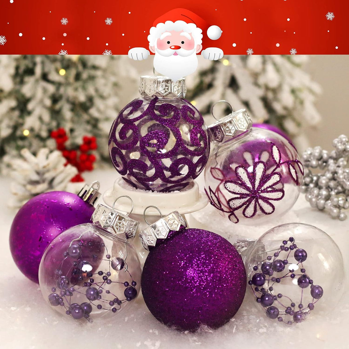 Clear Christmas Ornaments Set 30ct 2.36" Purple Shatterproof Christmas Ball