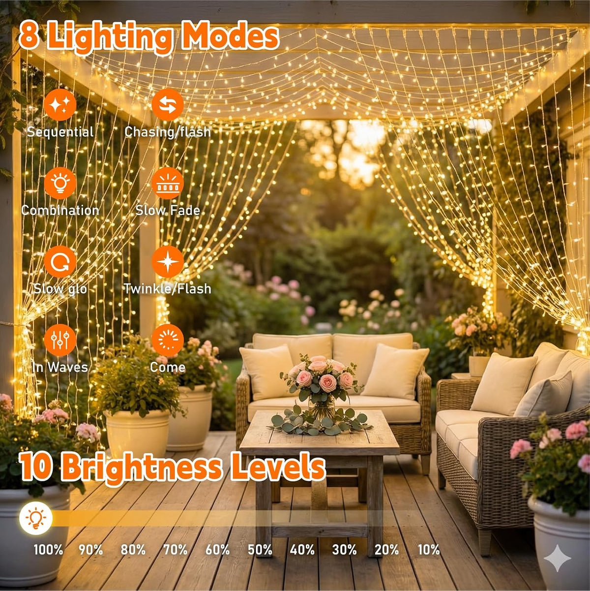 Curtain String Light, 300LED 9.8x9.8ft, Remote & 8 Modes, USB