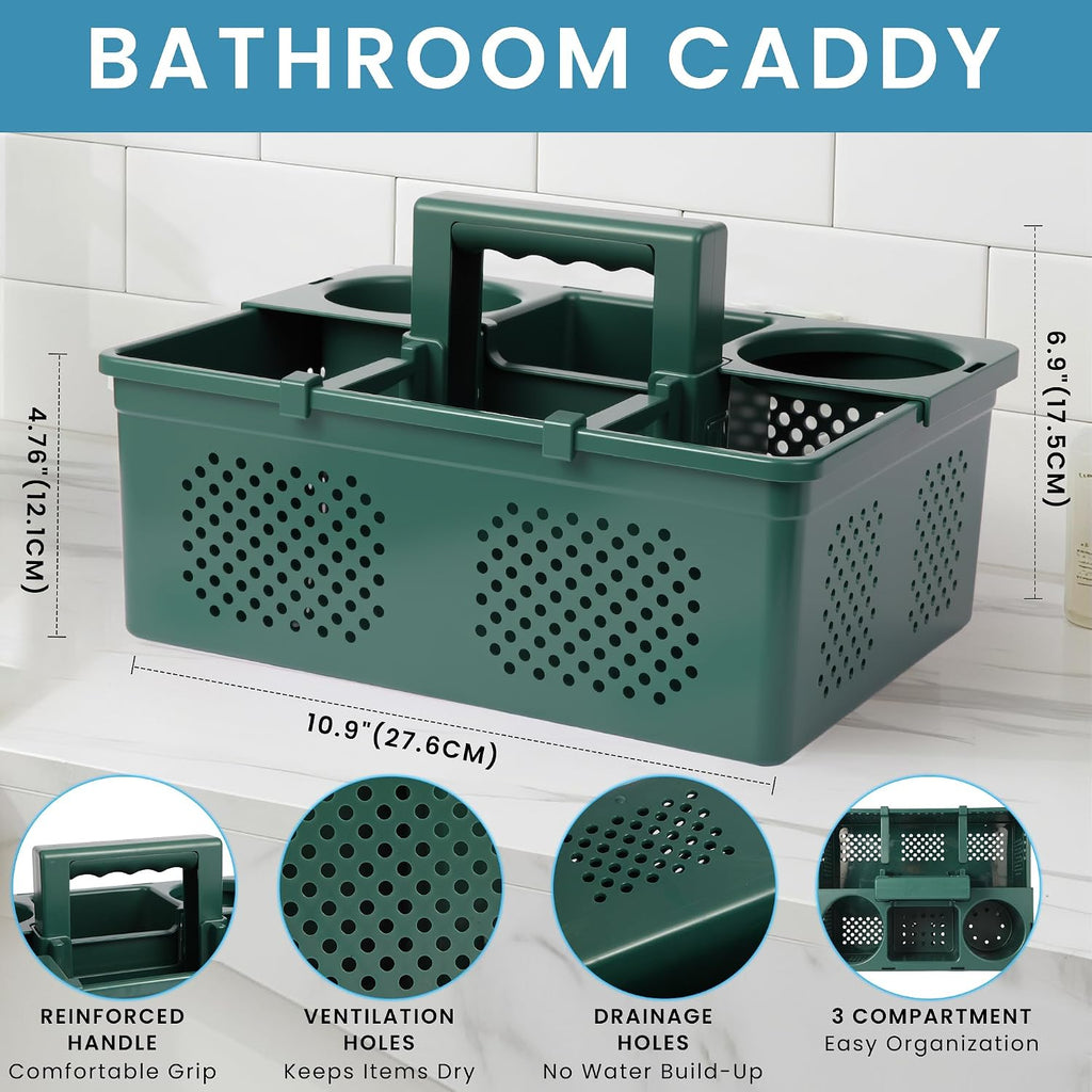 KMV Portable Shower Caddy Dorm: Features handles and adjustable compartments，Ventilation and Drainage Hole Design Cleaning Basket，ideal for toiletries， Essential for college dorms-green