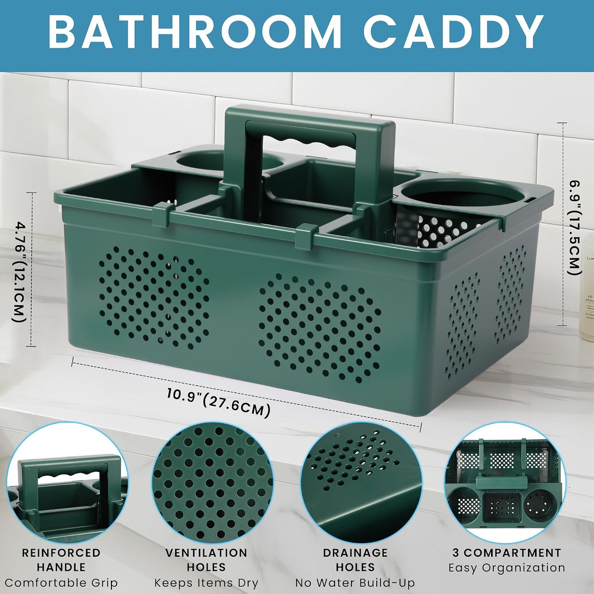 KMV Portable Shower Caddy Dorm: Features handles and adjustable compartments，Ventilation and Drainage Hole Design Cleaning Basket，ideal for toiletries， Essential for college dorms-green