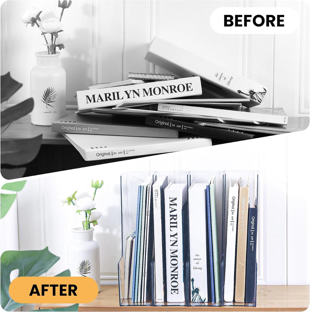 Vertical Magazine File Holder, Clear File Organizer Desk Organizer and Storage Bins Holding for Magazines, Binders, Notebooks, Envelopes, Plastic Office Organization and Storage for Desk, 4 Pack