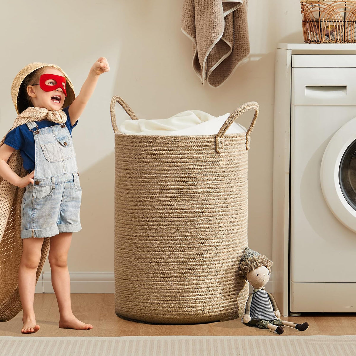 80L Extra Large Jute Woven Rope Laundry Basket Tall Wicker Hamper
