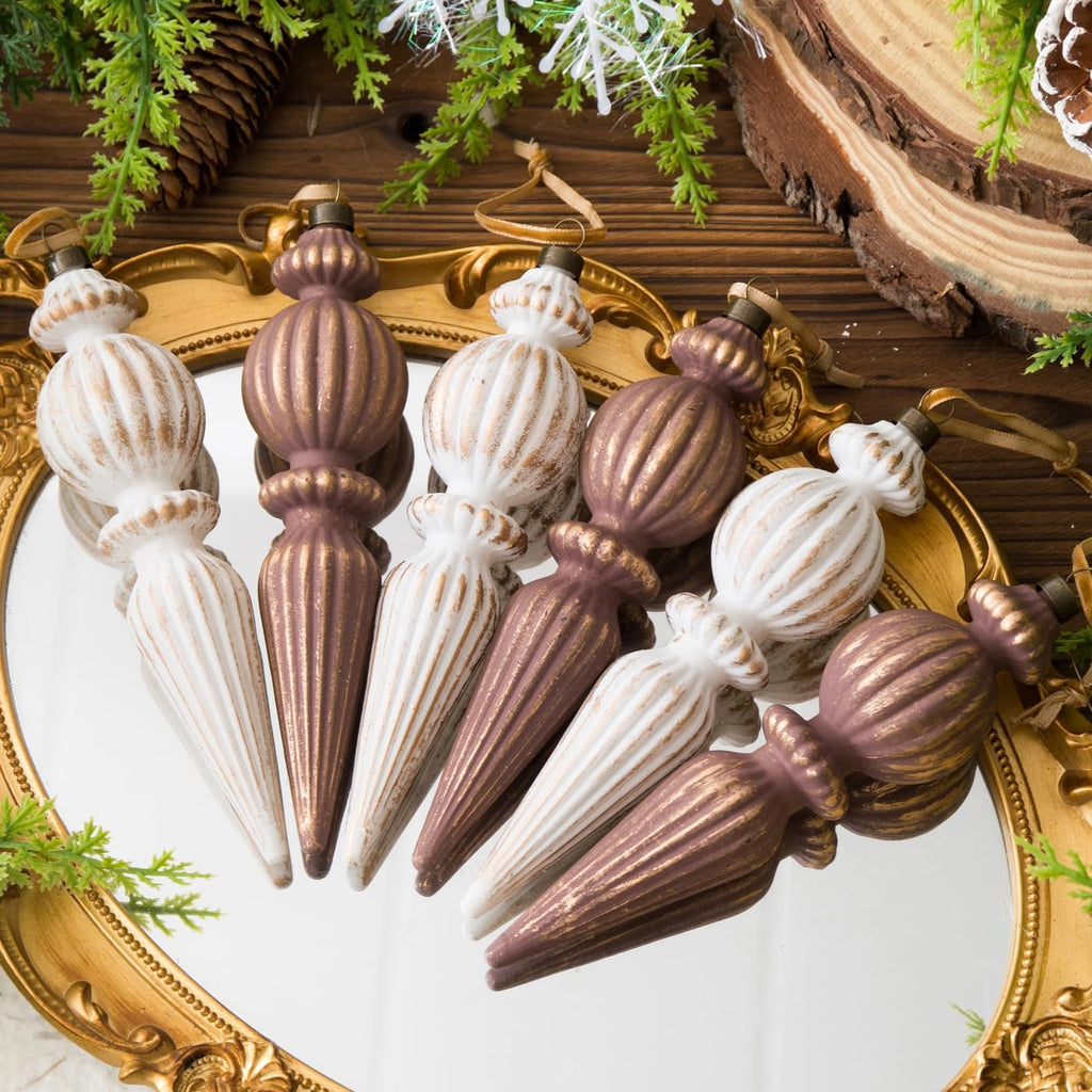 Vintage Finial Christmas Ornaments, 6Pcs Neutral Shatterproof Xmas Tree Ornaments(Classic Color)