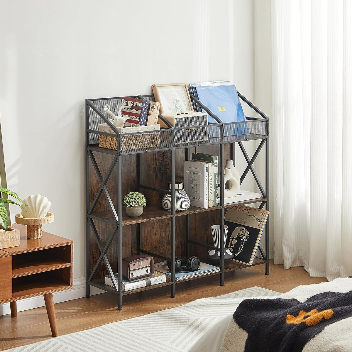 EYOCAL 9 Grids Vinyl Record Storage Holder Rack， Wooden Record Display Table for Magazines Files Albums Books for Living Room Bedroom Patent Pending