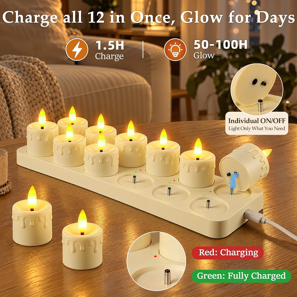 Rechargeable Flameless Tea Lights Candle with Charging Station Remote 12Pcs