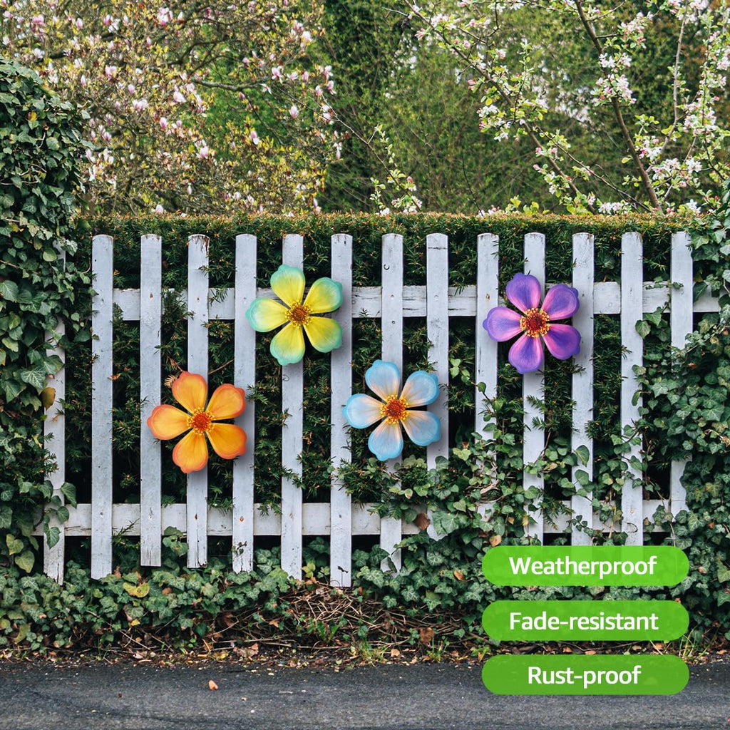 Giyyomtr Metal Flowers Wall Decor - 4pcs Metal Flower Wall Art Hanging Decorations for Outdoor Fence Garden Yard Patio Exterior Wall Decor