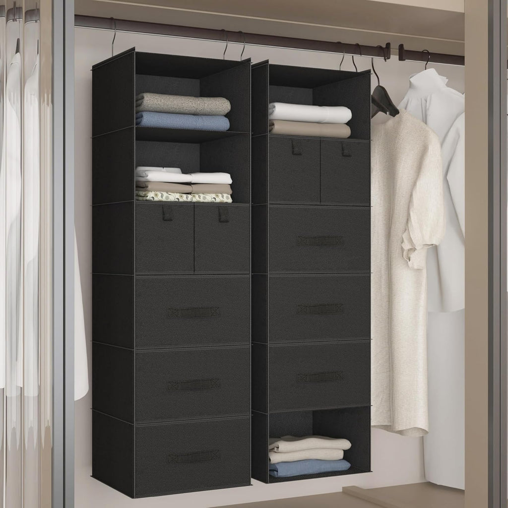 6-Shelf Hanging Closet Organizer with 5 Drawers, Non-Woven Storage, Black