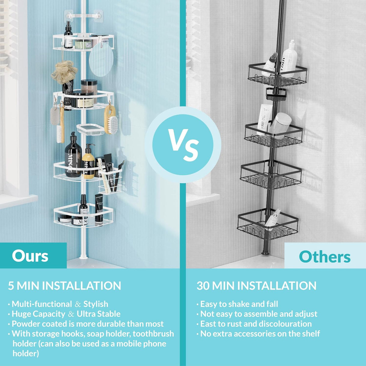 Shower Caddy Tension Pole, 4-Tier Adjustable Corner Shower Standing Caddy, Rustproof Shower Rack for Bathroom Bathtub, with 4 Shelves, No Drilling Shower Shelf for Inside Shower (White)