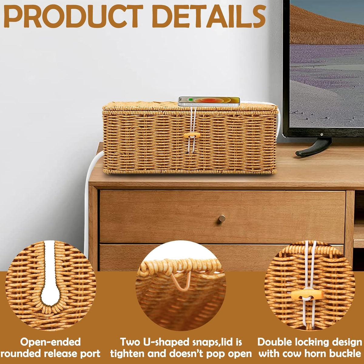 Cable Management Box, Handmade Rattan Cable Organizer Cord Basket