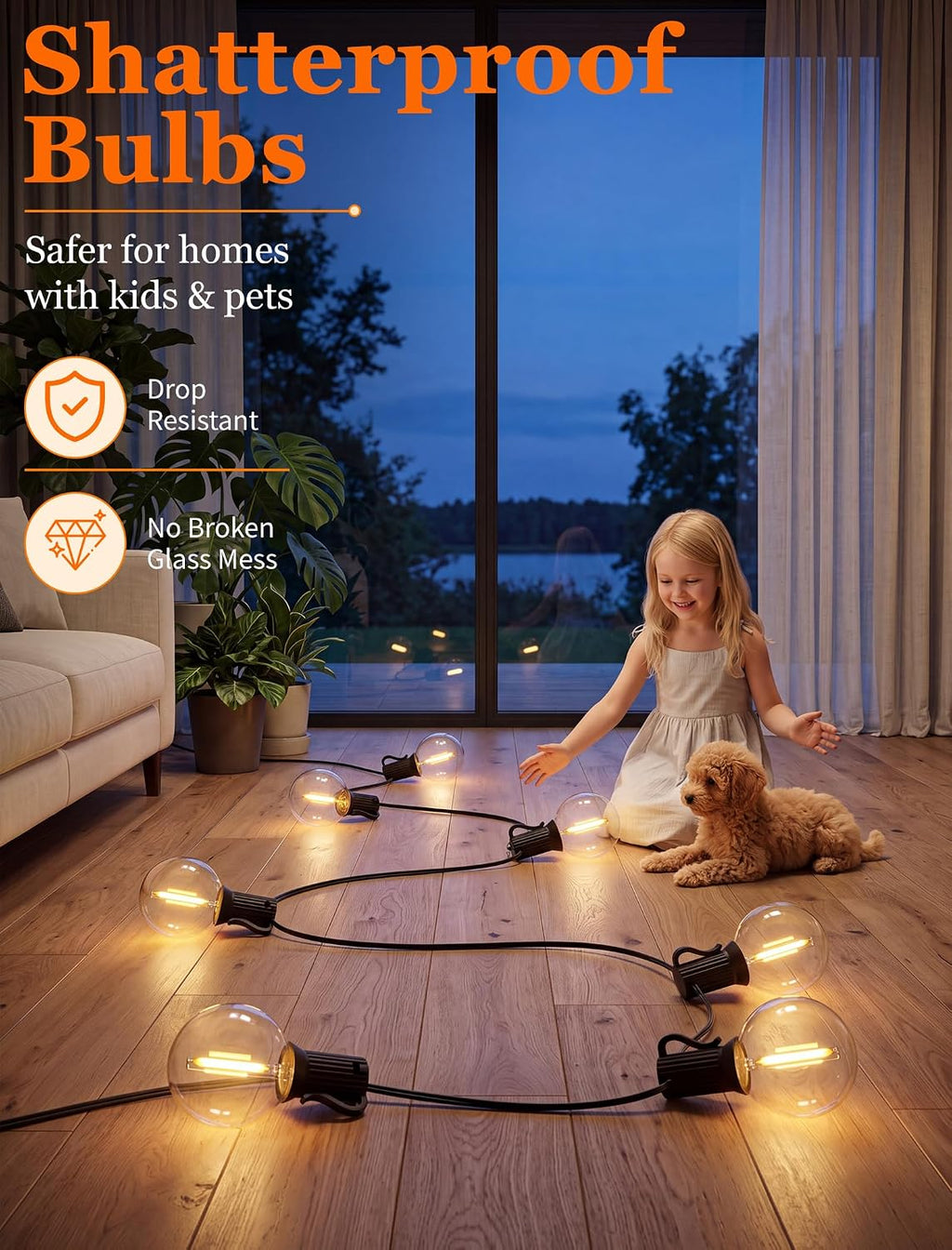 Abeja 100FT G40 LED Outdoor String Lights, 50 Shatterproof Bulbs, Black