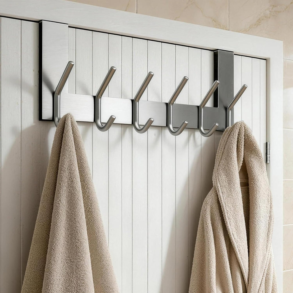 WEBI Over The Door Hook Door Hanger:Over The Door Towel Rack with 6 Hooks for Hanging Coats,Towel Hanger Door Coat Hanger Over Door Coat Rack for Towels,Clothes,Back of Bathroom,Silver