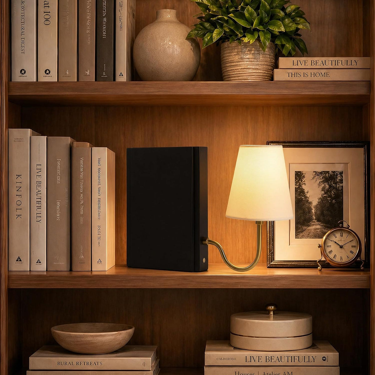 AELS Solid Wood Bookshelf Lamp with Bulb, Cordless Rechargeable Touch Dimmable Table Lamp with Linen Fabric Shade, Modern Decorative Bookend Lamp for Bedroom, Office & Bookshelf Decor, Black