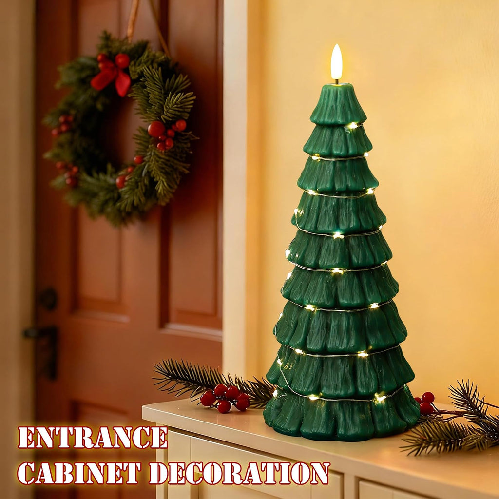 Flameless Christmas Tree Candles with Remote, 3D Flickering Flame Battery Operated LED Candle with Starlight String, Large Electric Tree Candles for Christmas Home Decor, Green