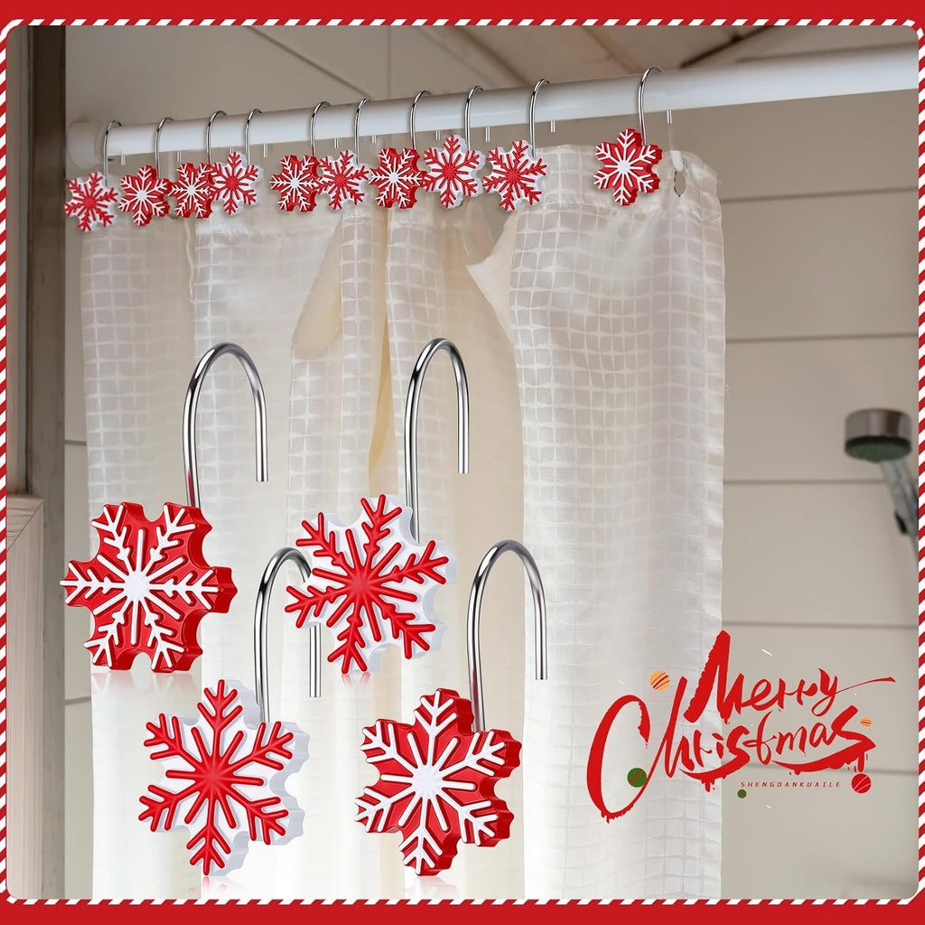 CroBlissful 12 Pcs Christmas Winter Snowflake Shower Curtain Hooks 4 Styles Snowflakes Curtain Hangers Hooks Red White Winter Decorative Rings for Bathroom Restroom Rods Wall Decor