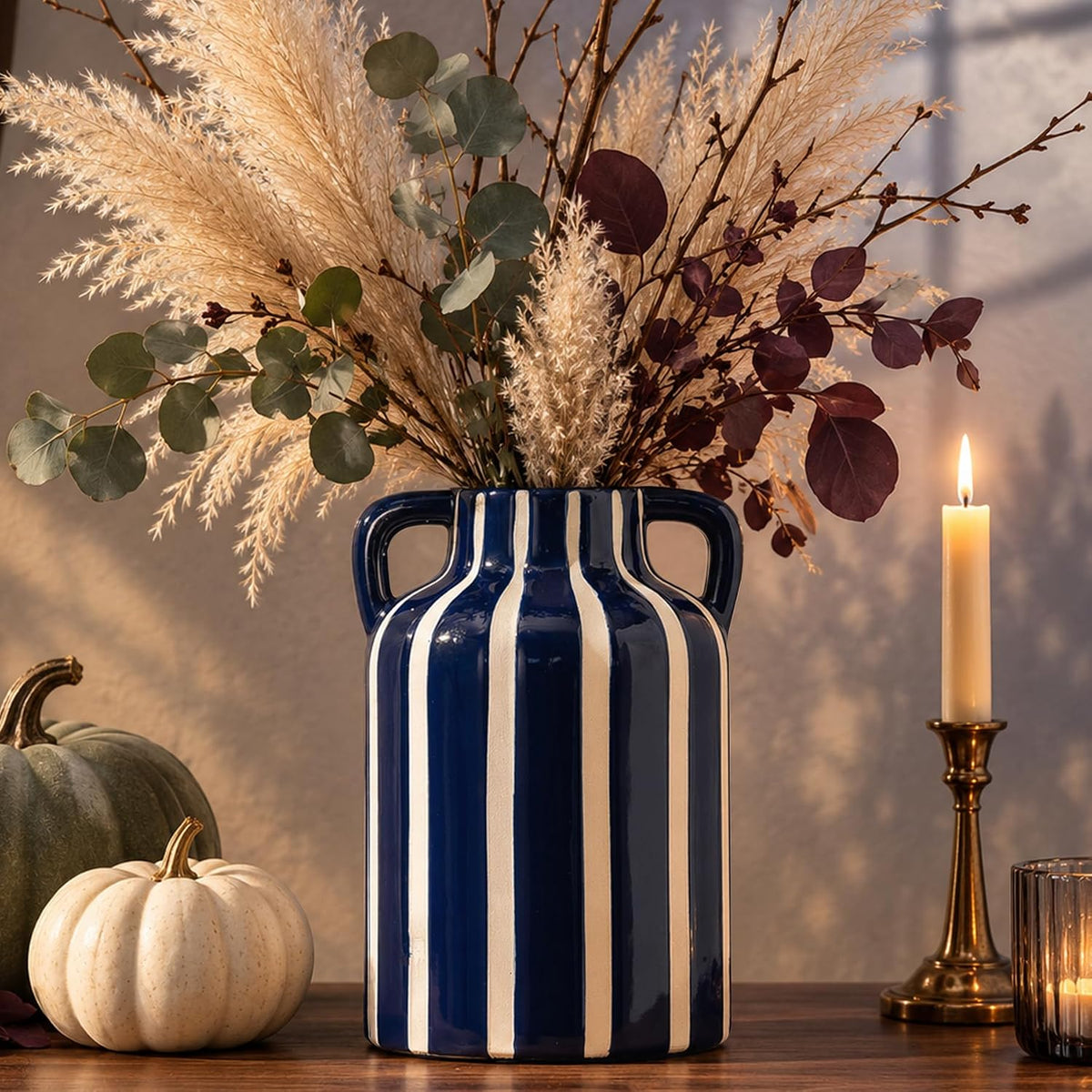 SURE YUESI Blue Ceramic Vase with Handles, Modern Farmhouse Striped Decorative Vase, 9.1" Art Deco Tall Flower Vases for Pampas Grass, Shelf Decor, Dining Table Centerpiece, Living Room Home Decor