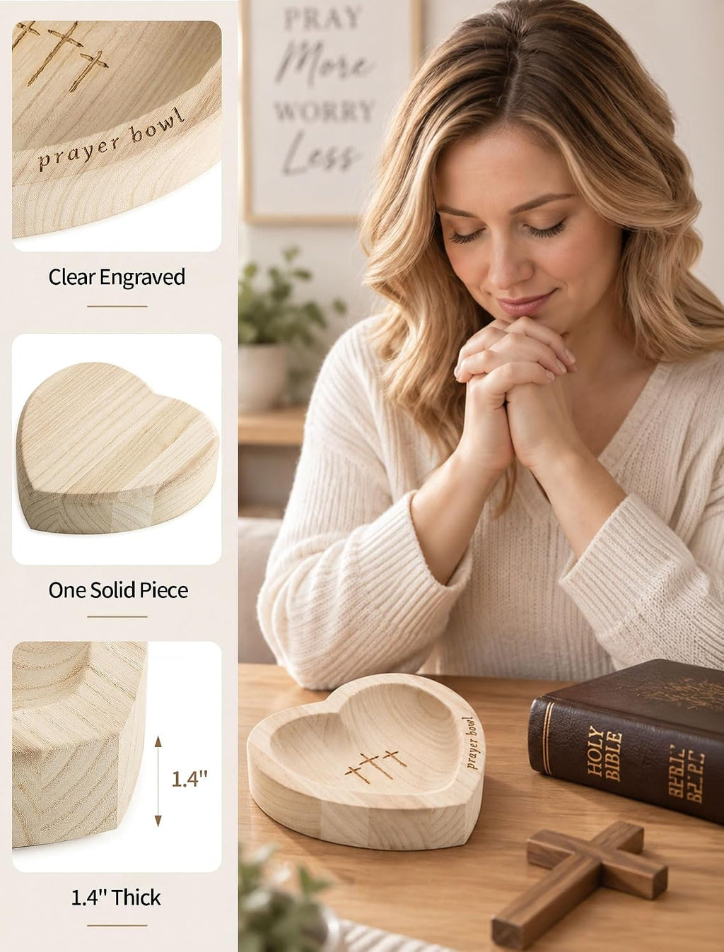 Hanobe Wooden Heart-Shaped Prayer Bowl with Cross Engraved & 25 Cards Sets