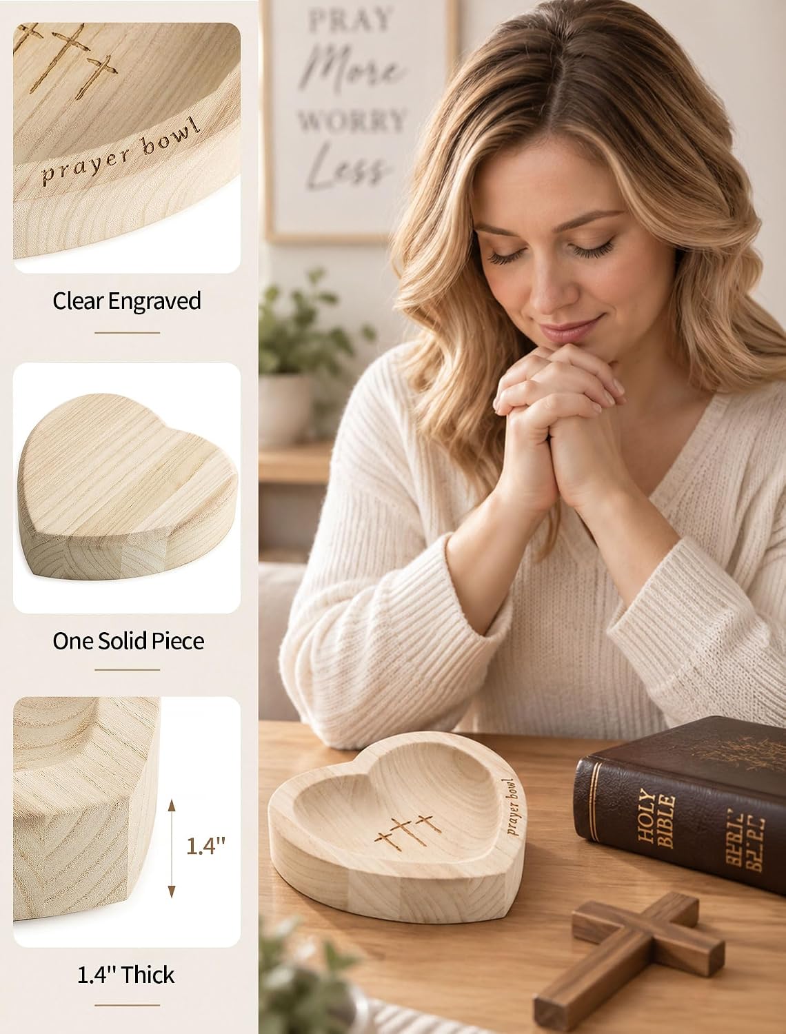 Hanobe Wooden Heart-Shaped Prayer Bowl with Cross Engraved & 25 Cards Sets