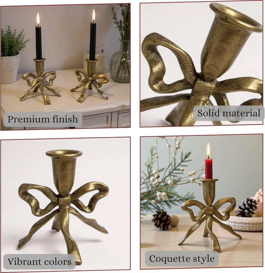 Bow Candle Holder, Bow Metal Taper Candle Holder 5" H x 4.81 W, Gold, Black, Decorative Candle Holders for Centerpiece, Table, Wedding (Gold)